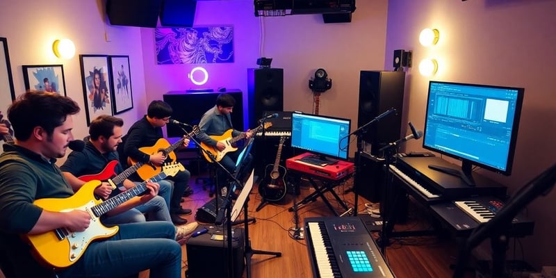 Musicians collaborating with AI tools in a lively studio.