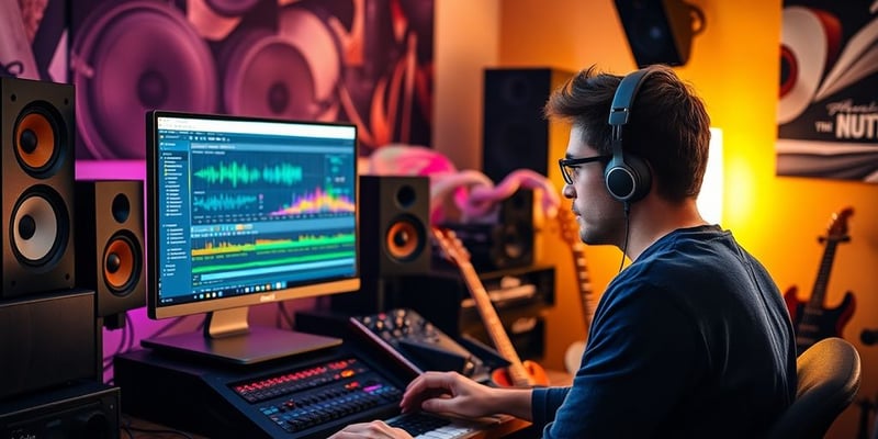 A person composing music with colorful sound waves around.