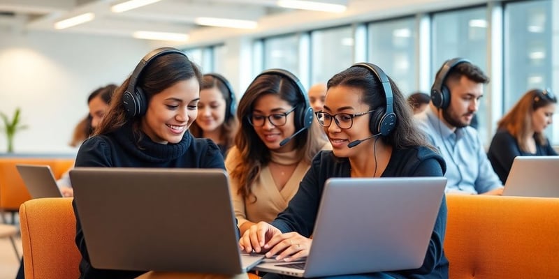 People using laptops and headphones for text to speech.