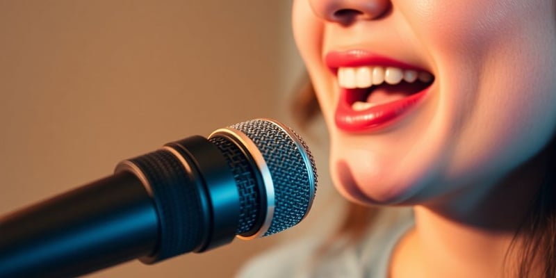 Person speaking into a microphone, focusing on voice change.