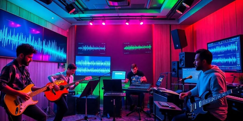 Musicians collaborating with AI technology in a colorful studio.