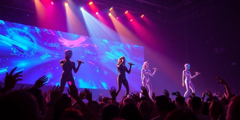 AI-generated singers performing on stage with vibrant lights.