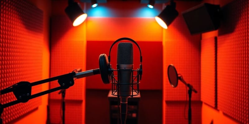 A modern voiceover studio with microphone and headphones.