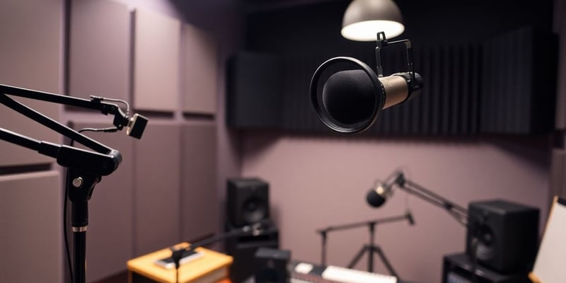 Modern voiceover studio with microphone and soundproof panels.