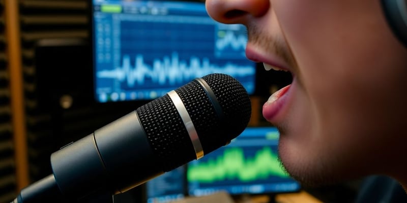 Person speaking into a microphone in a studio setting.