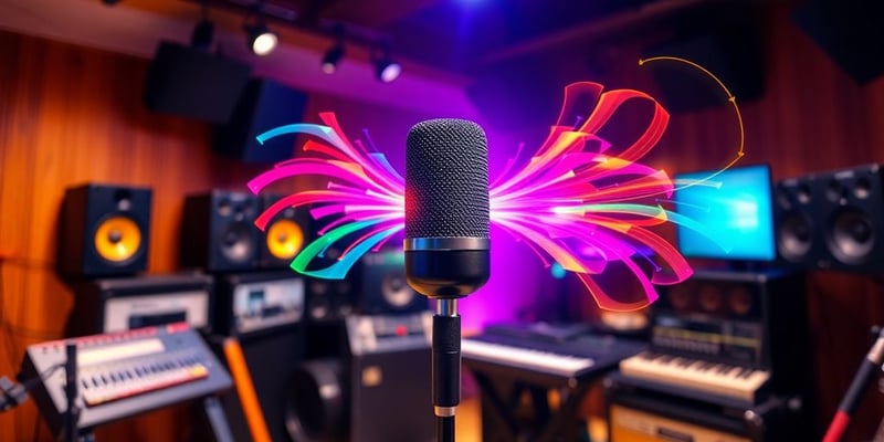 Recording studio with microphone and colorful sound waves.