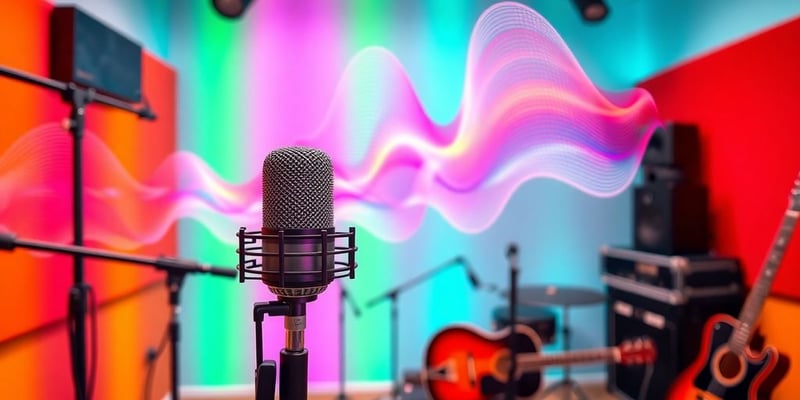 Microphone and headphones in a vibrant music studio.