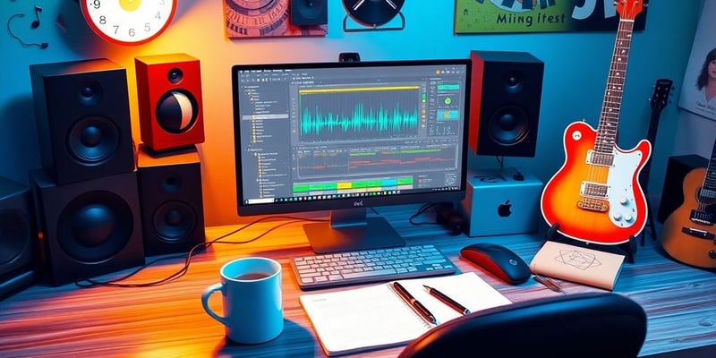 Creative workspace with music software and instruments.