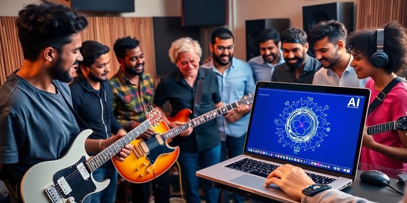 Musicians working together with AI music tools in studio.