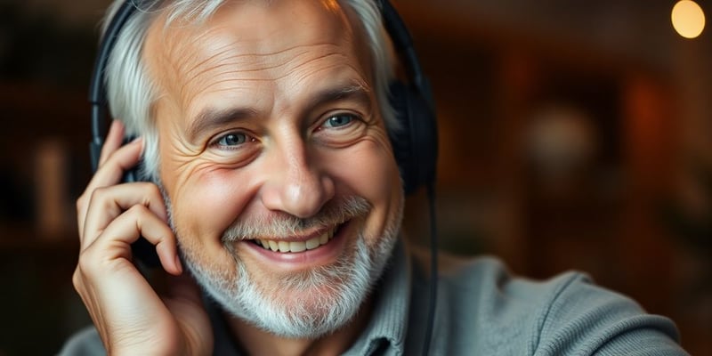 Elderly man enjoying a podcast with headphones on.