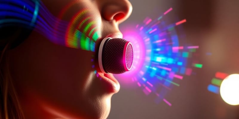 Person using a voice changer with colorful sound waves.