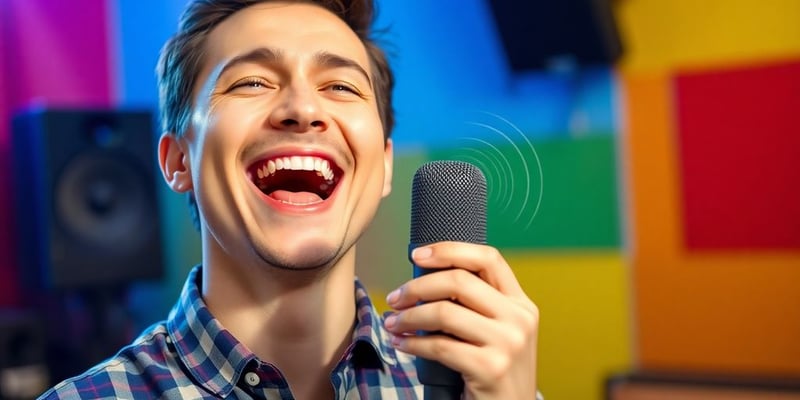 Person using a singing voice changer, smiling with sound waves.