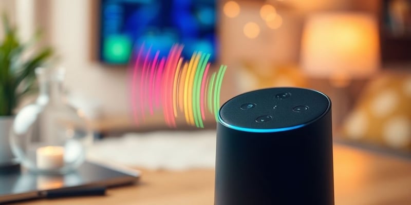 Digital assistant device with vibrant sound waves around it.