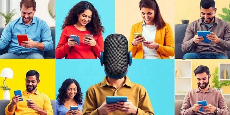 Diverse individuals interacting with voice-enabled devices in various settings.