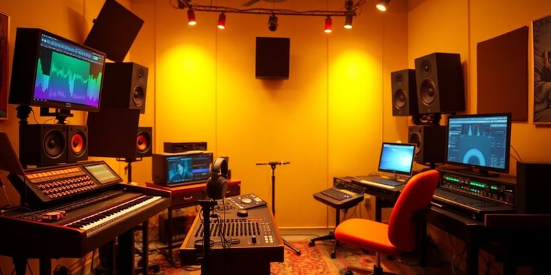 A colorful music studio with audio equipment and headphones.