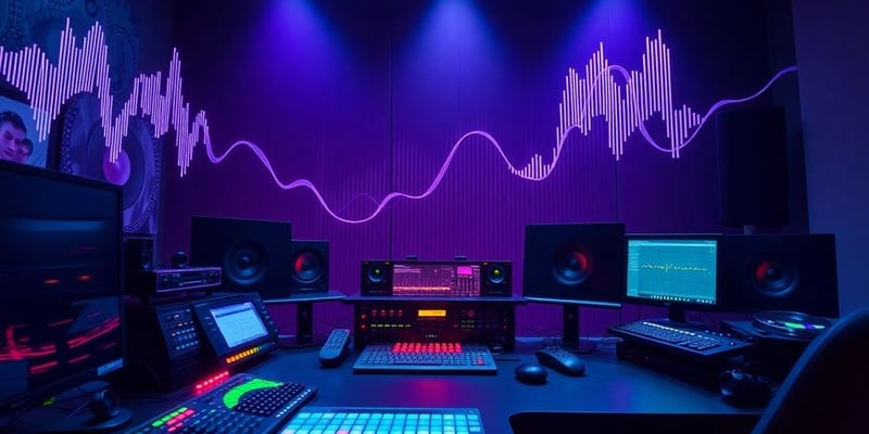 Modern audio workstation with colorful sound waves and devices.