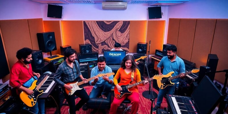 Musicians collaborating in a colorful, high-tech music studio.