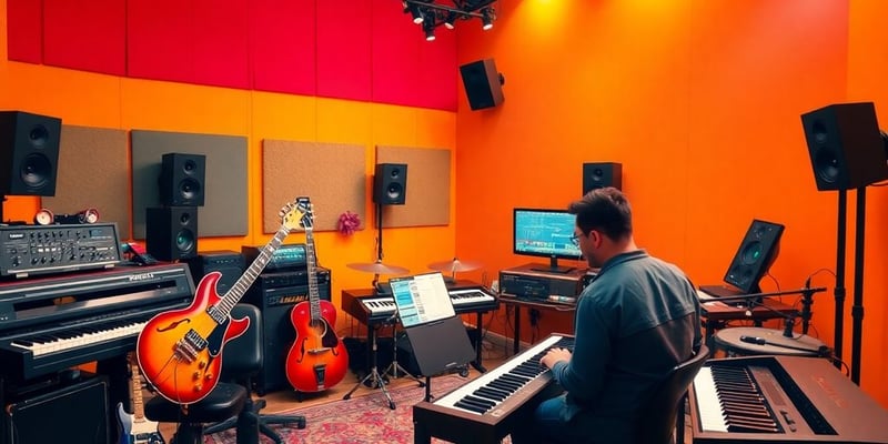 Musicians using AI tools in a colorful studio setting.