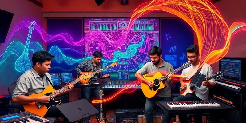 Musicians using AI tools in a colorful music studio.