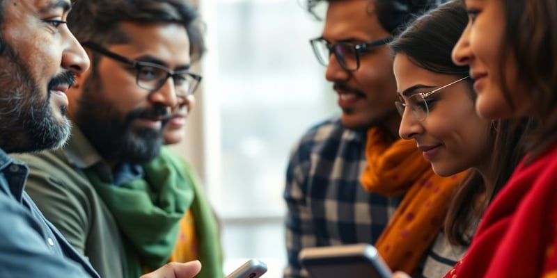 Diverse Indian people communicating with modern technology.