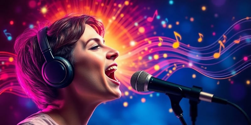 Person singing into a microphone with colorful sound waves.