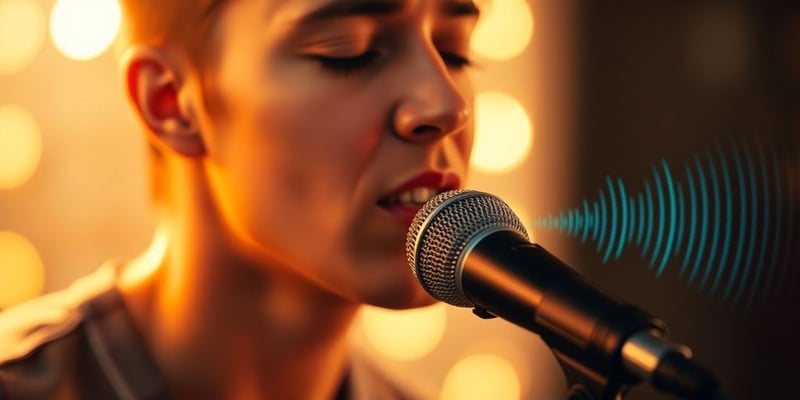 Person singing into a microphone with sound waves around.