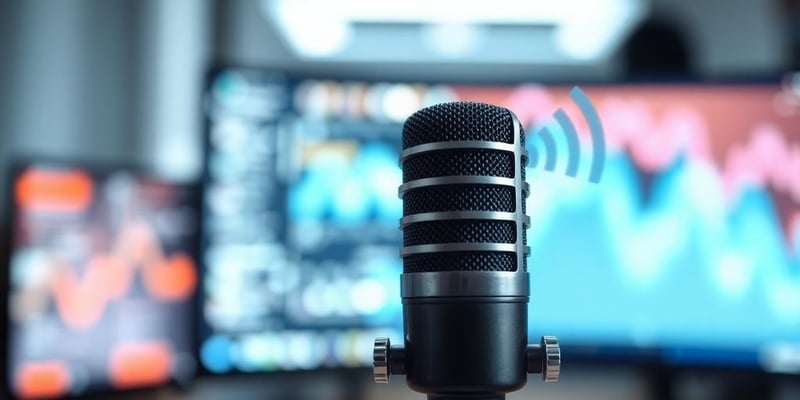 Microphone with sound waves in a creative workspace.