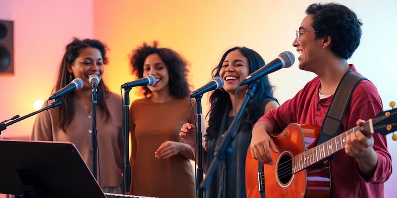 Musicians harmonizing together with microphones and instruments.