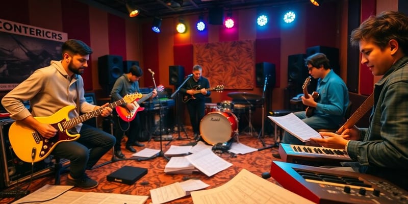 Musicians working together in a colorful studio setting.