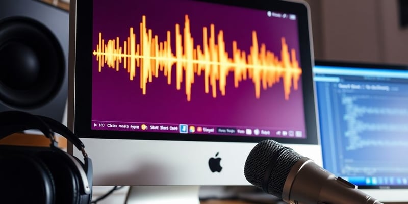 Macintosh computer with audio waveforms and headphones.