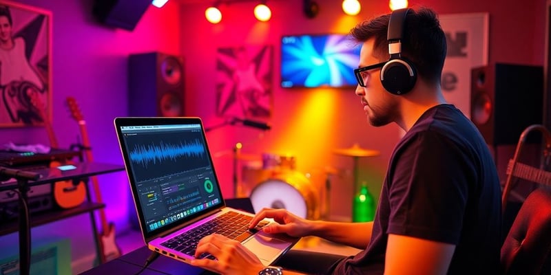 Musician using autotune software in a vibrant studio.