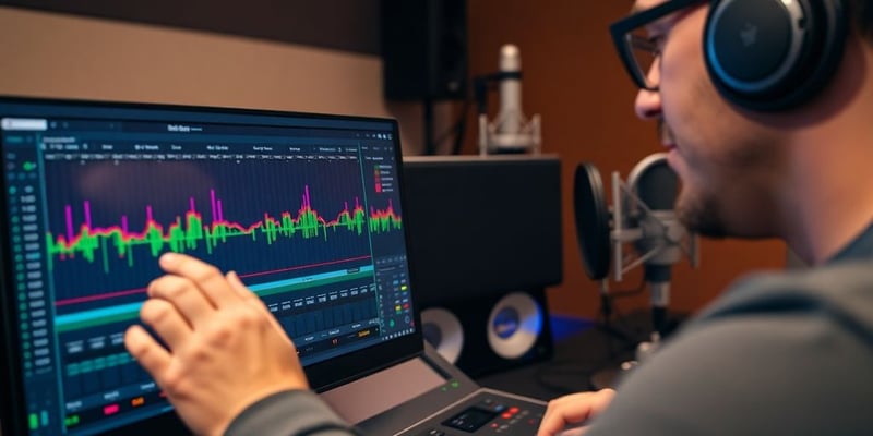 Sound engineer at a digital audio workstation in studio.